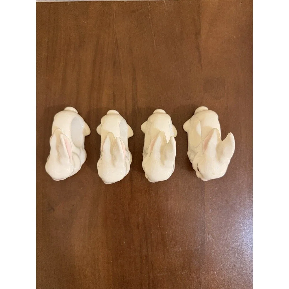 Vintage Ceramic Bunny Rabbit Napkin Rings Set of 4 White Pink Animal Theme